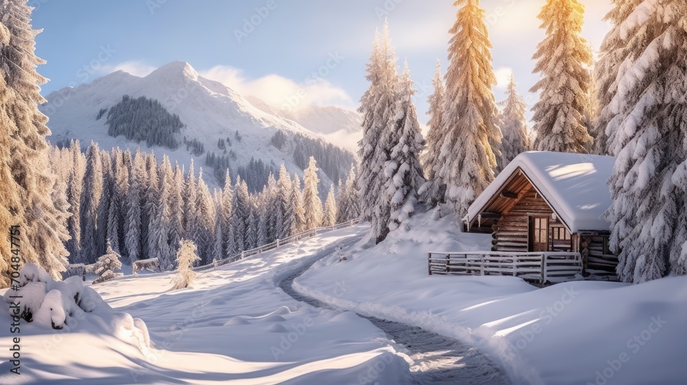 A house in the mountains, a beautiful winter landscape A house in the mountains, a beautiful winter landscape