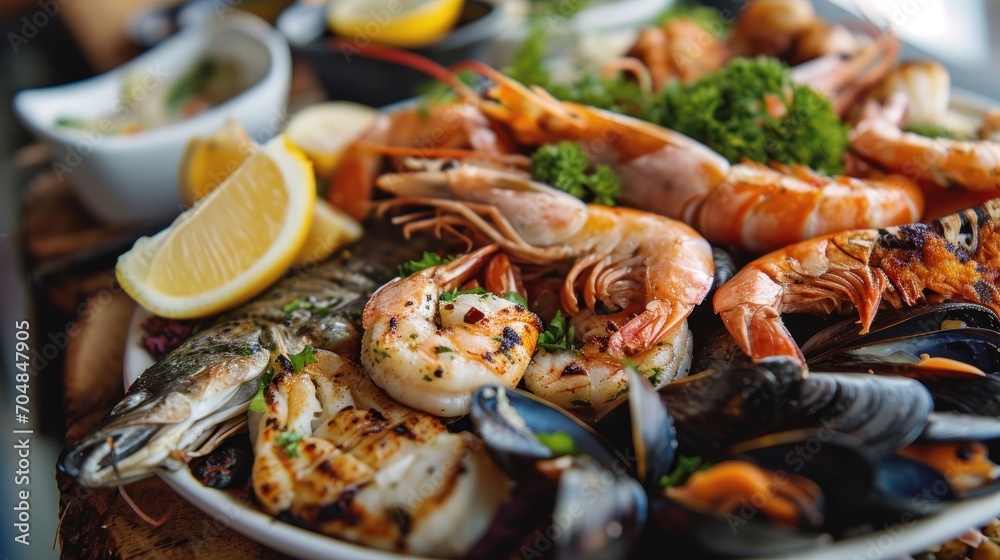  a close up of a plate of food with shrimp, mussels, broccoli and lemon wedges.