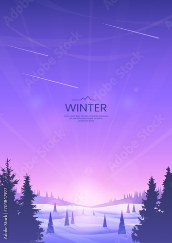Vector background. Spruce trees in snowdrifts against the background of a bright sky. Nocturne. Winter landscape. Fir trees in the foreground. Design of poster, postcard, web background, flyer, cover.