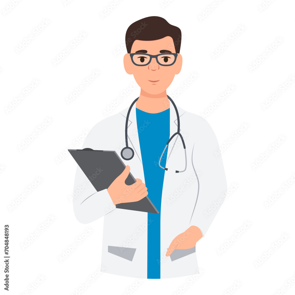 Male doctor holding clipboard, wearing uniform and stethoscope. Healthcare and medicine concept. Vector illustration