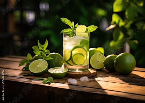 A mojito cocktail placed on a rustic wooden picnic table, surrounded by fresh ingredients like mint