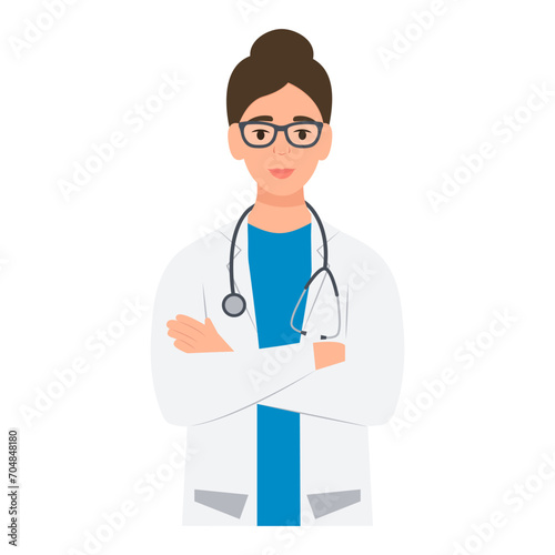 Doctor with crossed arms. Female doctor with stethoscope. General practitioner in medical uniform.Vector illustration