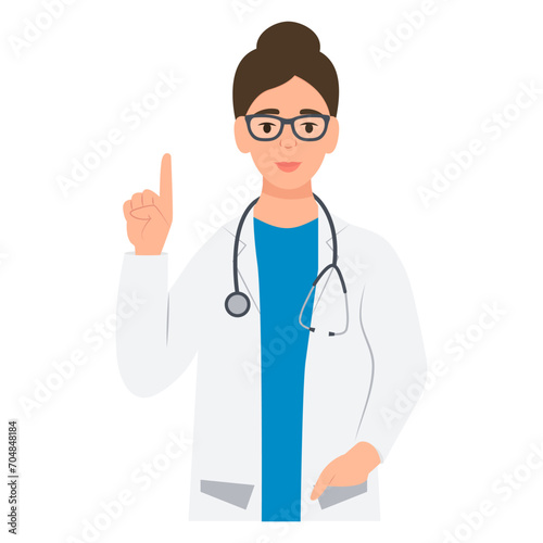 A doctor in glasses points his index finger up.General practitioner in medical uniform with stethoscope. Vector illustration