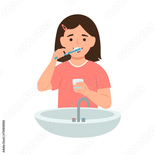 Cute  girl brushing teeth with toothpaste and holding a glass of water.  concept of oral hygiene and dental procedures.Vector illustration