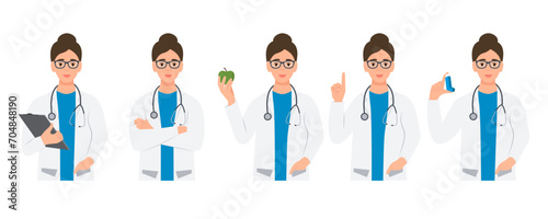 Portrait of friendly doctor with stethoscope in diverse poses .Young woman pointing,holding apple, clipboard, inhaler in hand. Healthcare and medicine concept. Vector illustration