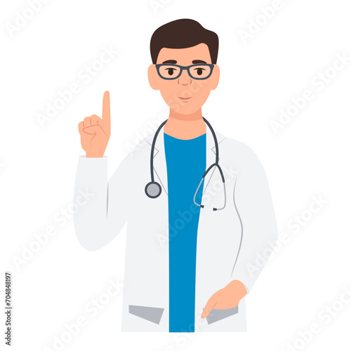A doctor in glasses points his index finger up.General practitioner in medical uniform with stethoscope. Vector illustration