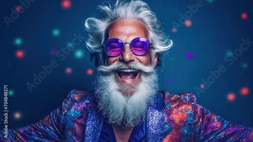 Man with gray beard dancing at party, hipster, concept of positivity, healthy life, lifestyle
