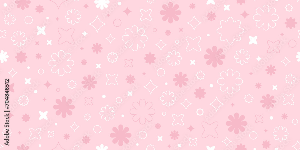 Geometric flowers and stars background. Symmetric outline forms, circles on pastel pink color. Floral simple and graphic seamless horizontal pattern. Vector illustration. Feminine decorative wallpaper