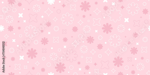 Geometric flowers and stars background. Symmetric outline forms, circles on pastel pink color. Floral simple and graphic seamless horizontal pattern. Vector illustration. Feminine decorative wallpaper