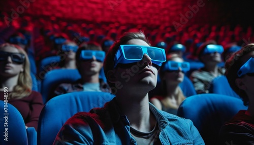 people in cinema wearing VR. people in a cinema wearing blue virtual glasses with special effects