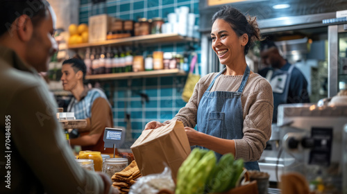 Cheerful woman wearing a denim apron over a cozy sweater, handing over a paper bag to a customer in a warmly lit, vibrant grocery store setting.