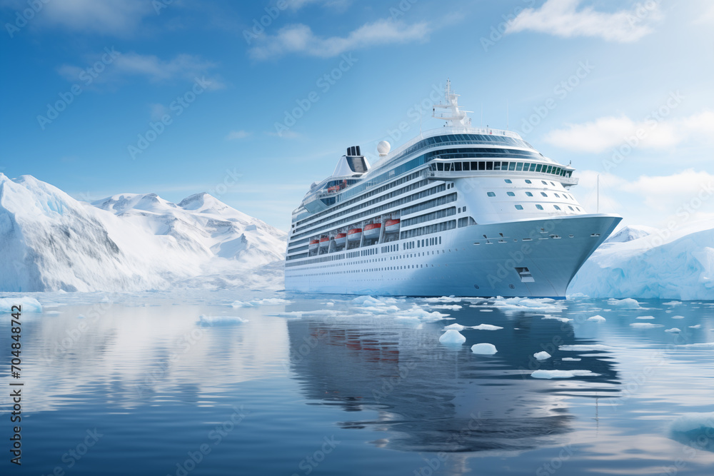 Cruise ship navigating icy waters with icebergs