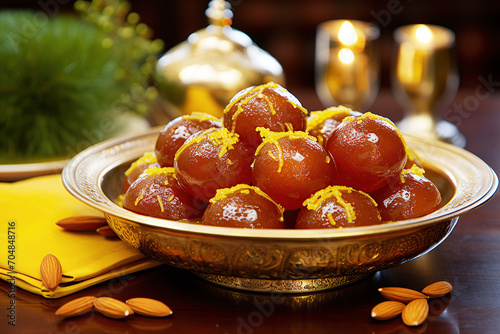 Golden brown gulab jamuns adorned with yellow zest are elegantly presented in an ornate brass bowl, set on a table with rich, festive decor enhancing the sweet delicacy's allure.