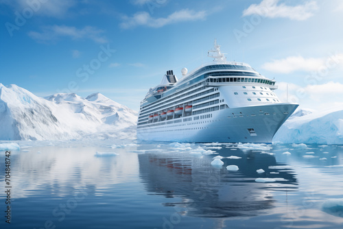 Cruise ship navigating icy waters with icebergs © Nina