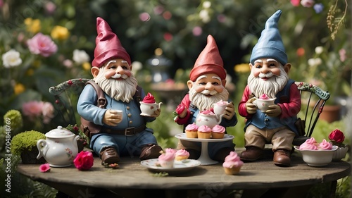 santa claus figurine A garden gnome duo having a tea party with miniature cupcakes in the middle of a garden © Waqasiii_Arts 