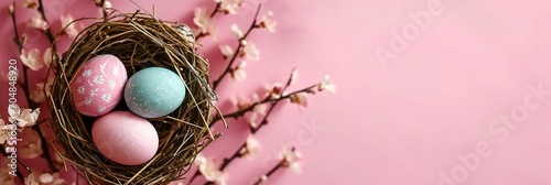 blue and pink easter eggs in a nest with flowers isolated on pink background. for easter add