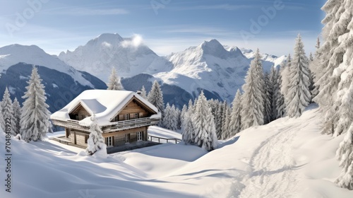 A house in the mountains, a beautiful winter landscape
