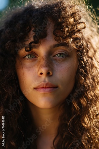 curly haired woman. close-up portrait of green-eyed brunette curly woman. vertical orientation