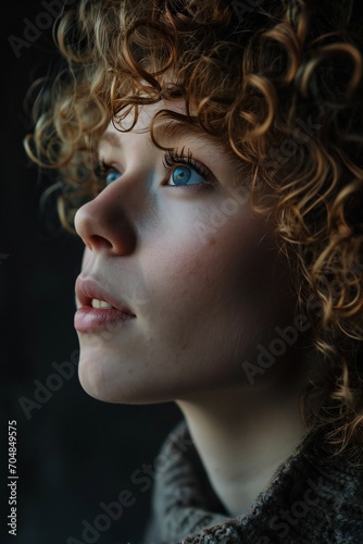 curly haired woman. close-up portrait of green-eyed brunette curly woman. vertical orientation