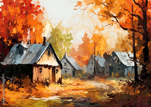 A post-impressionistic image of a Thanksgiving pilgrim village, with quaint cottages nestled among