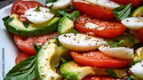  a plate of tomatoes, avocado, and mozzarella on top of a bed of spinach.