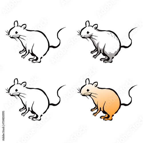 ネズミの和風ベクターイラストセット（線画、影付き、白黒、グラデーション）。