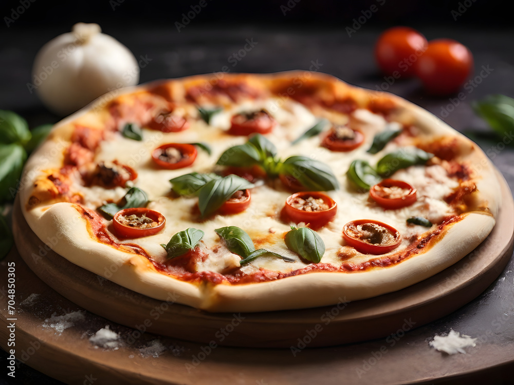 pizza with mushrooms and tomatoes ,pizza with salami and tomatoes , pizza with salami  ,  pizza  on wooden board