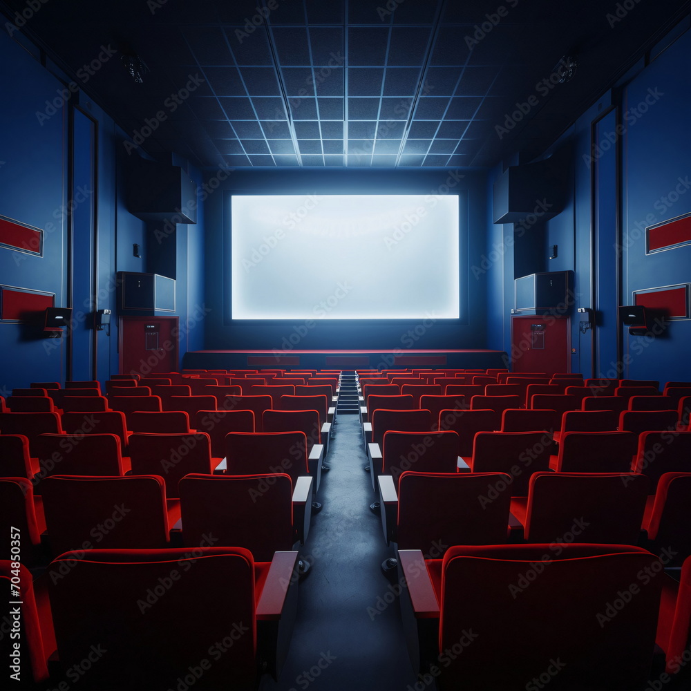 Obraz premium Empty cinema hall with red seats, ready for audience