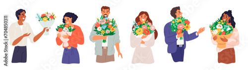 Happy people with beautiful flowers. Cute men and women hold decorative floral bouquets. Spring holiday. Bloomed romantic gifts. Blossom bunches. Birthday presents. Garish vector set