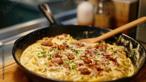  a pan of pasta with bacon and parmesan cheese on a kitchen counter with a wooden spoon in it.