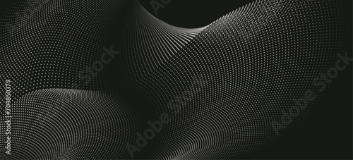 A dynamic particle waves within a halftone gradient create a fluid dot curve set on a black background for technology, sound, music. Dots and lines halftone illustration.