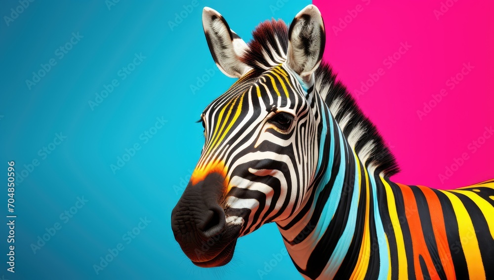 Fototapeta premium Colorful zebra painted in rainbow colors on a bright background.