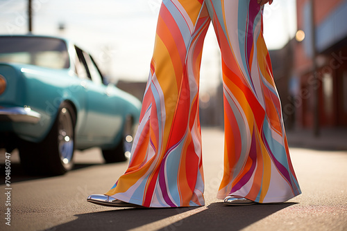 Stylized 1970s bell-bottoms and platform shoes in an abstract form.
