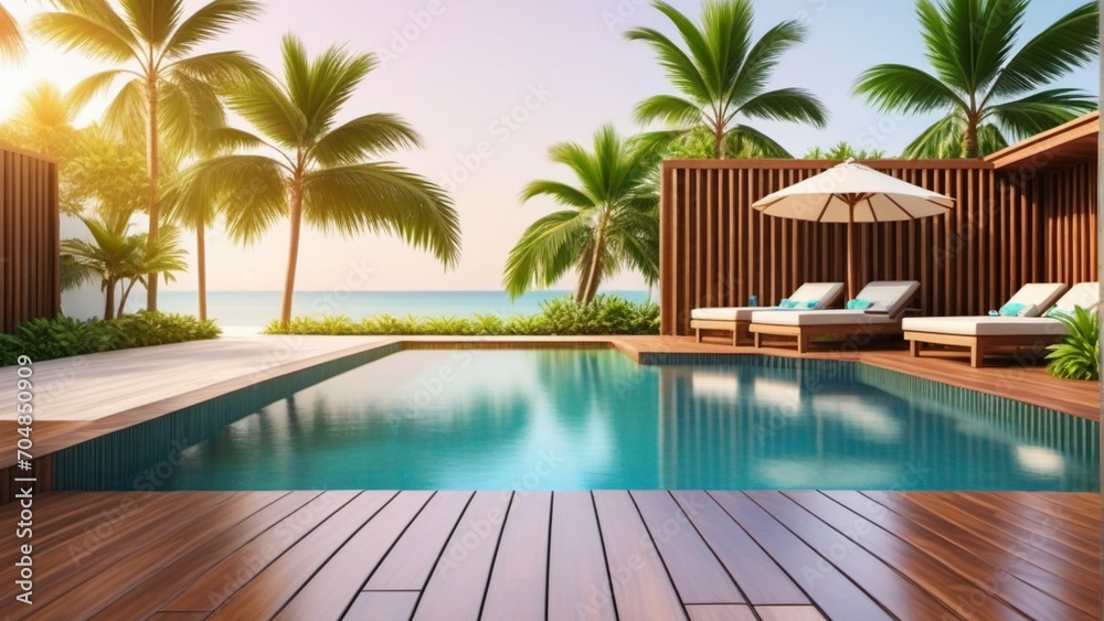 Wooden terrace beside tropical swimming pool