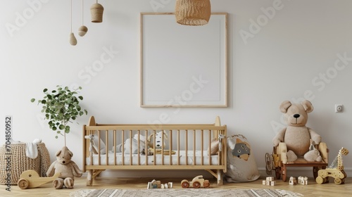 Stylish baby room with toys, wooden bed and mock up poster frame. Cute home decor. Scandinavian interior of a children's room. © Tom