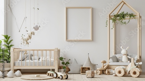 Stylish baby room with toys, wooden bed and mock up poster frame. Cute home decor. Scandinavian interior of a children's room