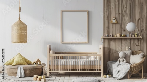 Stylish baby room with toys, wooden bed and mock up poster frame. Cute home decor. Scandinavian interior of a children's room. --ar 16:9 --v 6 Job ID: fc30f838-1744-4551-a4f4-257977a7e9df