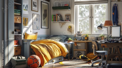 Stylish teenagers room interior with comfortable bed and sports equipment