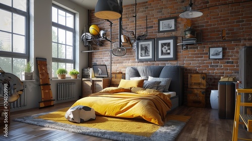 Stylish teenagers room interior with comfortable bed and sports equipment