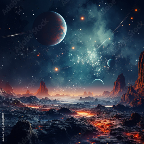 Planet scene deep in the universe, cosmic background, cosmic rays 