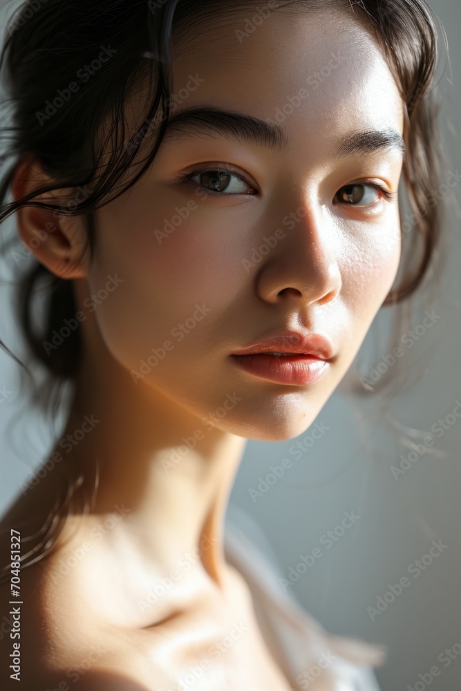 Naklejka premium Beauty portrait of young Asian woman on bright white background Beautiful young asian woman with clean fresh skin on white background Facial treatment, Cosmetology, plastic surgery.