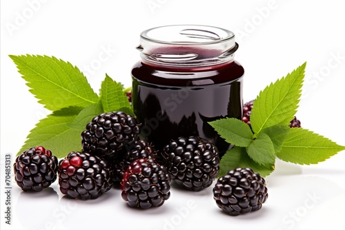 Blackberry jam in glass jar, isolated on white background with text space for creative designs
