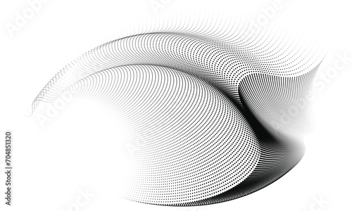 A dynamic particle waves within a halftone gradient create a fluid dot curve set on a transparent background for technology, sound, music. Dots and lines halftone illustration.