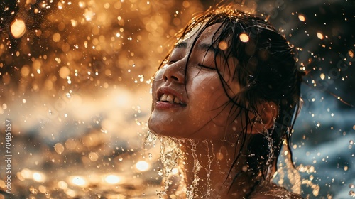 refreshment nature ideas concept life style Modern japanese teen woman splashing water on face beautiful young girl washing her face splashing water outdoor