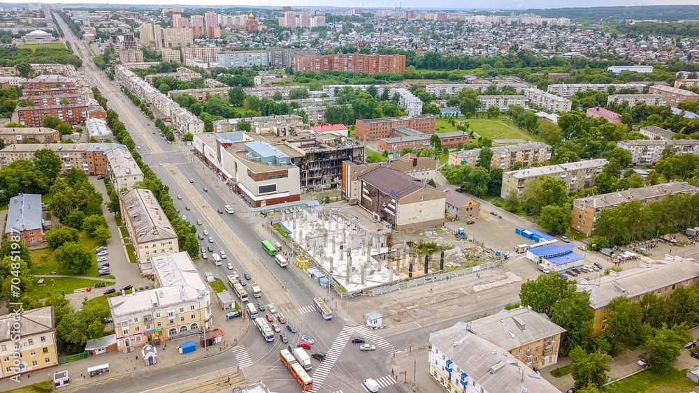 View of the shopping center after the fire. Kemerovo, Russia, From Dron