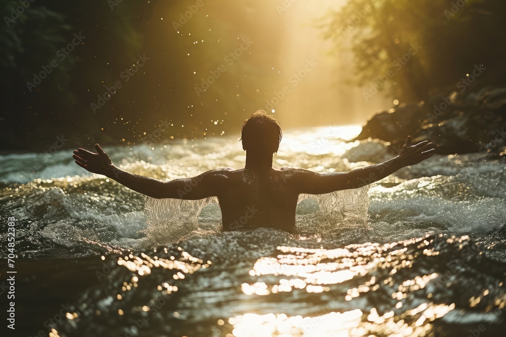 Handsome young man in worship in a river at sunset. Back view. The beauty and power of Faith. Christian concept.