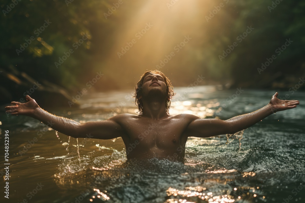 Handsome young man in worship in a river at sunset. Front view. 
The beauty and power of Faith. Christian concept. - obrazy, fototapety, plakaty 