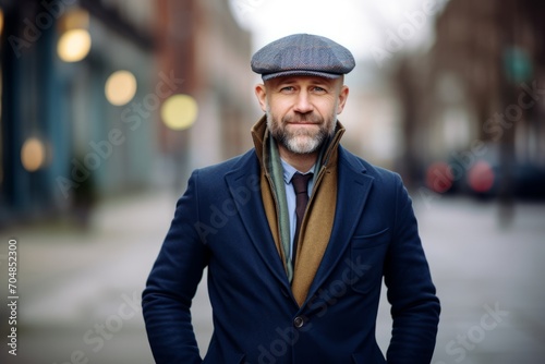 Portrait of a senior man in a coat and cap on a city street. © Inigo