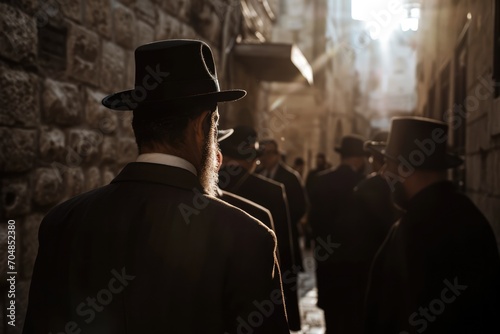 Rear view of a Jewish man wearing a top hat in the streets of Jerusalem.