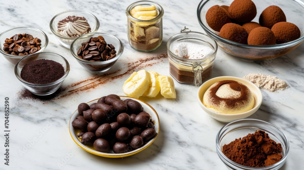 a table topped with bowls filled with different types of chocolates and powdered sugars on top of a marble counter. a table topped with bowls filled with different types of chocolates and powdered sugars on top of a marble counter.
